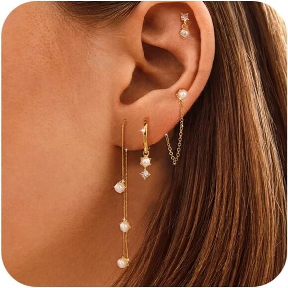 Dainty Hypoallergenic 14K Gold Plated Small Drop Chain Hoops Trendy Earring Set - Picture 1 of 7